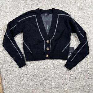 Lulus Black Knit Cropped Cardigan Sweater V Neck Button Front XS White Stitch